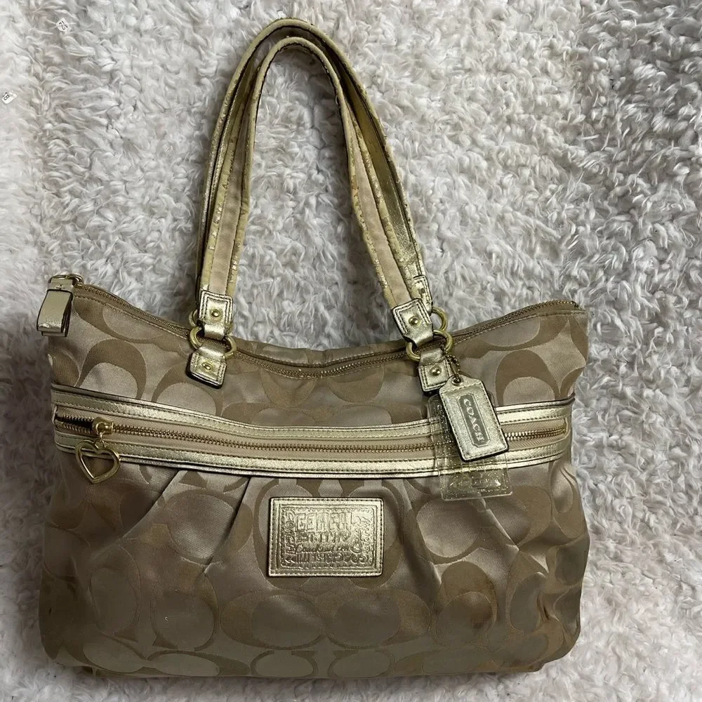 Coach large Tote Bag satin gold Signature F20026 metallic gold trim & Straps.